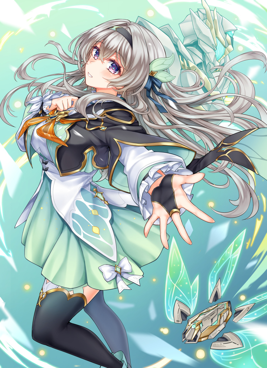 1girl, absurdres, armor, black_hairband, black_jacket, black_thighhighs, cropped_hair, dress