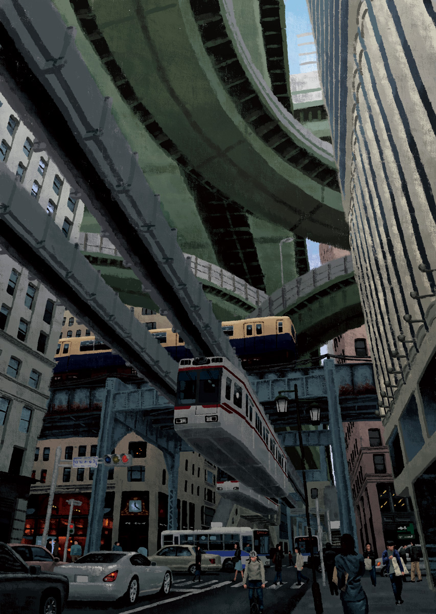 analog_clock, building, bus, car, city, clock, crosswalk, day, highres, lamppost, motor_vehicle, original, outdoors, people, road, sadajiro, scenery, skyscraper, traffic_light, train, urban, walking, window