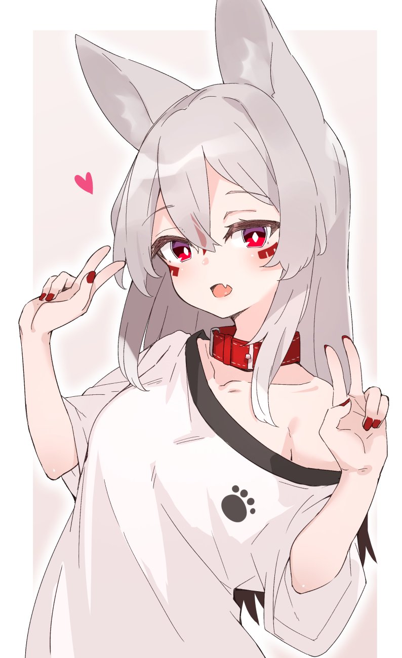 1girl, akasha_(syakoba), animal_ears, black_hair, borrowed_character, colored_tips, double_v, fang