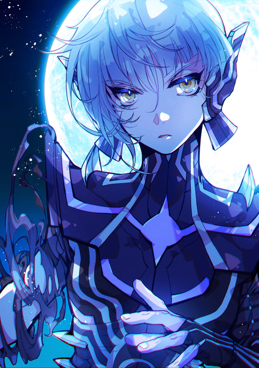 1boy, androgynous, armor, asymmetrical_hair, blue_bodysuit, blue_hair, blue_theme, bodysuit