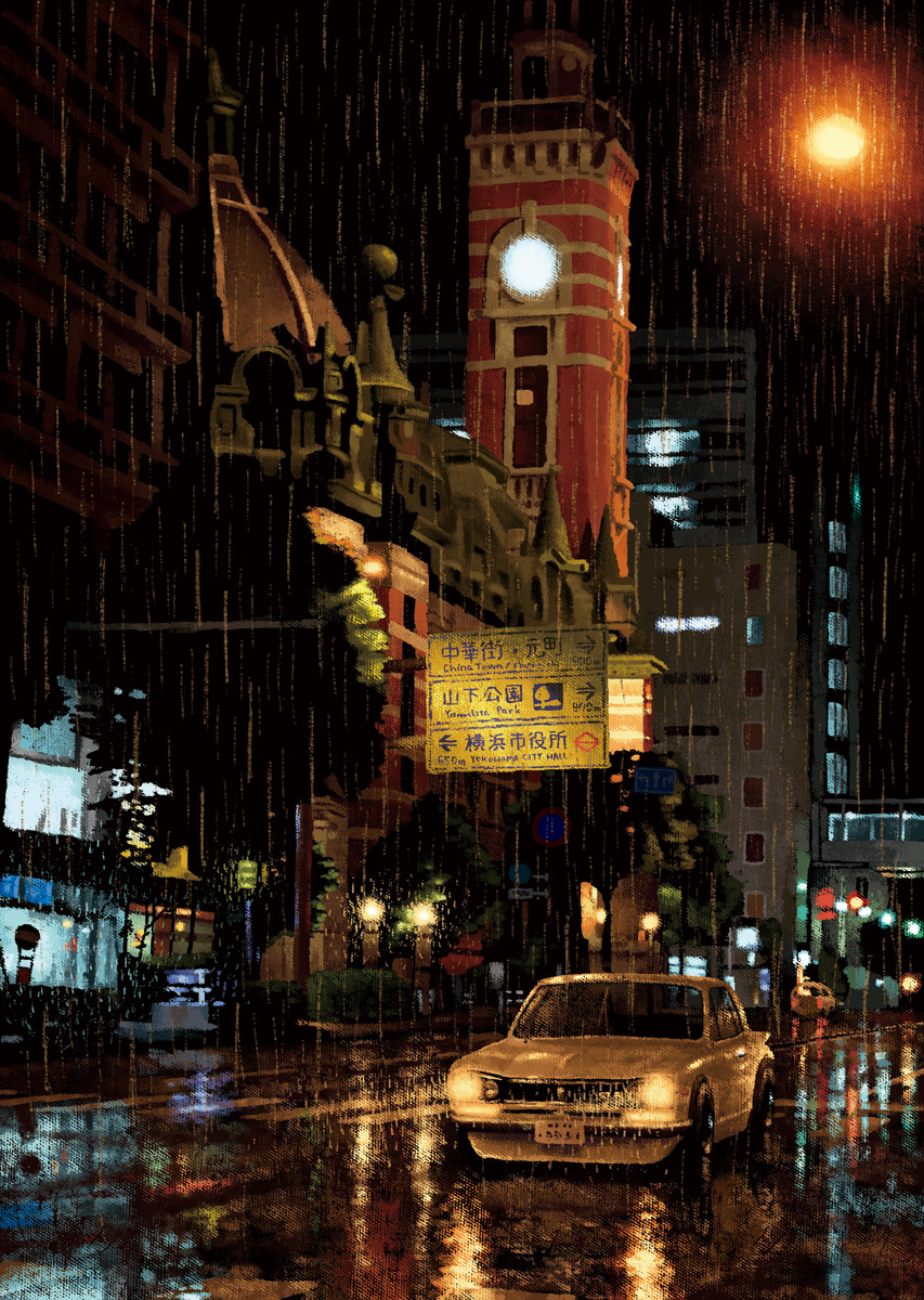 building, car, city, city_lights, crosswalk, highres, motor_vehicle, night