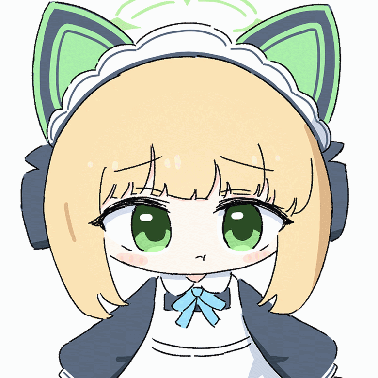 1girl, animal_ear_headphones, animal_ears, animated, animated_gif, apron, blinking, blonde_hair, blue_archive, blue_ribbon, blush, chibi, dress, fake_animal_ears, green_eyes, green_halo, halo, headphones, long_sleeves, looking_at_viewer, midori_(blue_archive), midori_(maid)_(blue_archive), no_nose, pout, puff_of_air, raised_eyebrows, ribbon, solo, umihio, upper_body, white_apron