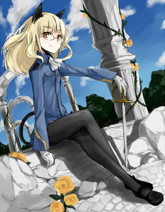 blonde_hair, brown_eyes, cat_ears, cat_tail, crossed_legs, glasses, gloves, legs