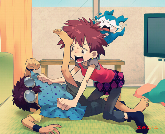 1boy, 1girl, angry, argyle_clothes, argyle_skirt, barefoot, blanket, brother_and_sister