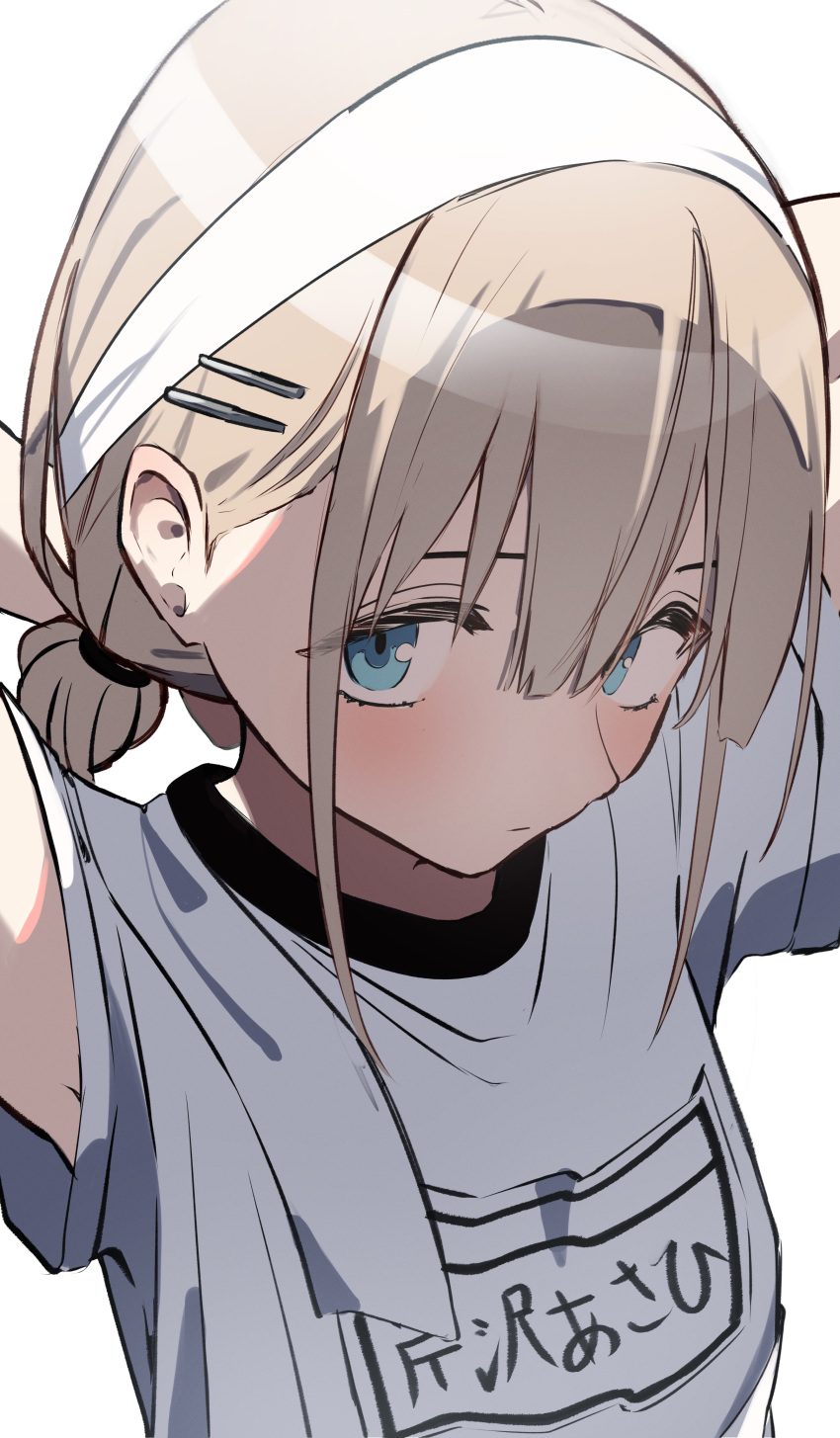1girl, absurdres, arms_up, blush, commentary, grey_hair, gym_shirt, gym_uniform