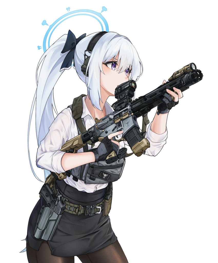 1girl, ammunition_pouch, ar-15, assault_rifle, belt, black_gloves, black_pantyhose, black_skirt, blue_archive, chest_harness, chest_rig, clov3r, collared_shirt, cowboy_shot, ear_protection, flashlight, gloves, green_belt, gun, gun_sling, hair_between_eyes, halo, handgun, harness, high-waist_skirt, highres, holding, holding_gun, holding_weapon, holster, holstered, legs_apart, long_hair, long_sleeves, looking_ahead, magazine_(weapon), miniskirt, miyako_(blue_archive), muzzle_device, pantyhose, partially_fingerless_gloves, pencil_skirt, ponytail, pouch, rifle, scope, shirt, shirt_tucked_in, side_slit, sidelocks, sig_p220/p226, sig_sauer, simple_background, skirt, sleeves_rolled_up, solo, very_long_hair, violet_eyes, weapon, white_background, white_hair, white_shirt