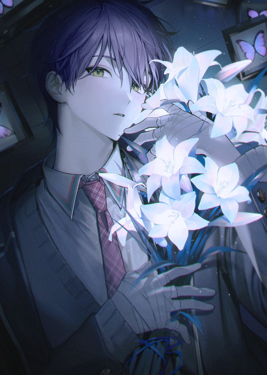 1boy, bandaged_hand, bandages, black_jacket, blazer, bug, butterfly, cardigan