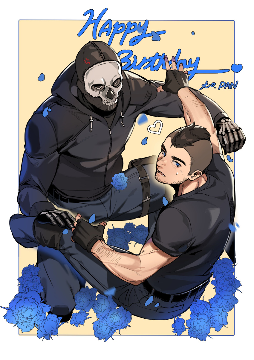 2boys, absurdres, belt, black_belt, black_gloves, black_hair, black_jacket, black_pants, black_shirt, blue_eyes, blue_flower, blue_rose, call_of_duty, call_of_duty:_modern_warfare_2, coni0771, facial_hair, flower, ghost_(modern_warfare_2), gloves, happy_birthday, highres, hood, hood_down, hooded_jacket, jacket, male_focus, mask, multiple_boys, open_mouth, pants, rose, shirt, short_hair, skull_mask, soap_(modern_warfare_2)