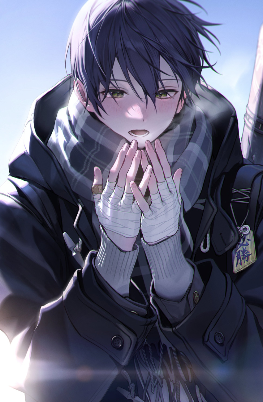 1boy, absurdres, bandaged_hand, bandages, bandaid, bandaid_on_hand, black_coat, black_hair