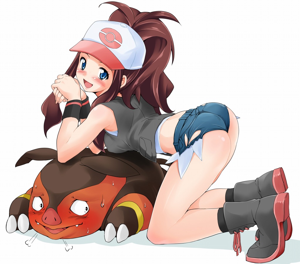 1girl, ass, bad_id, baseball_cap, blue_eyes, blush, brown_hair, chaobuu