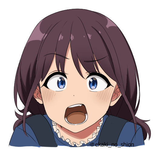 1girl, blue_shirt, blush, brown_hair, commentary_request, cropped_torso, ekaki_no_shion, girls_band_cry