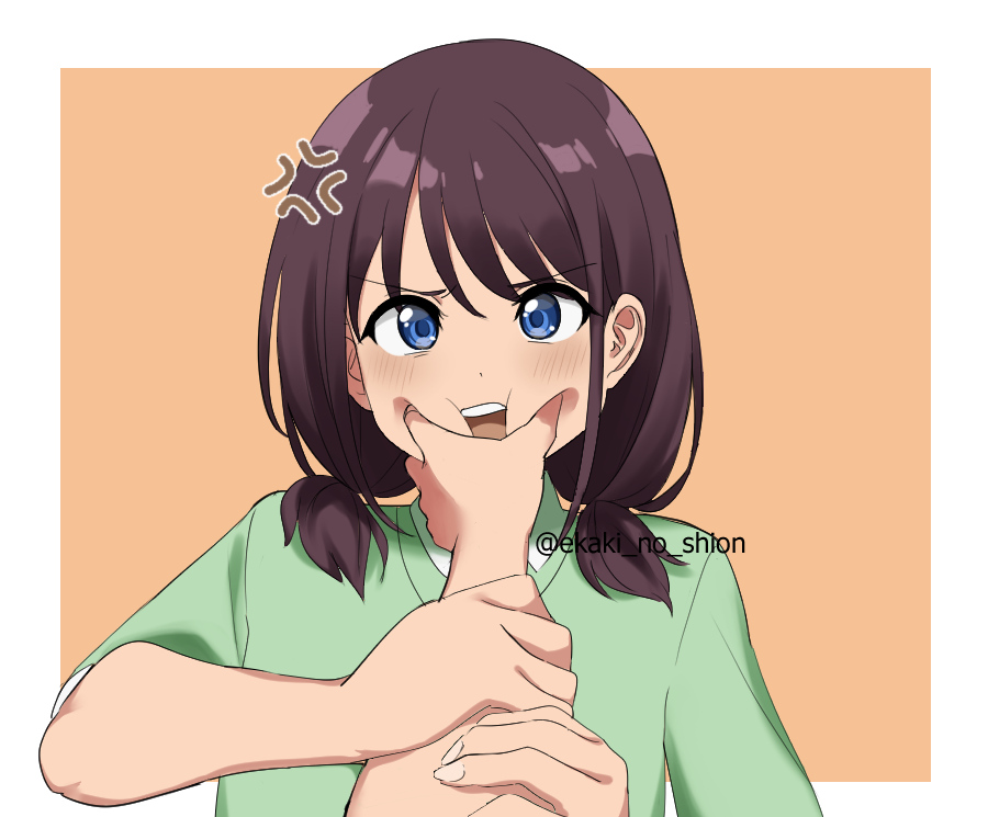 1girl, anger_vein, arm_grab, blue_eyes, blush, border, brown_hair, cheek_squash