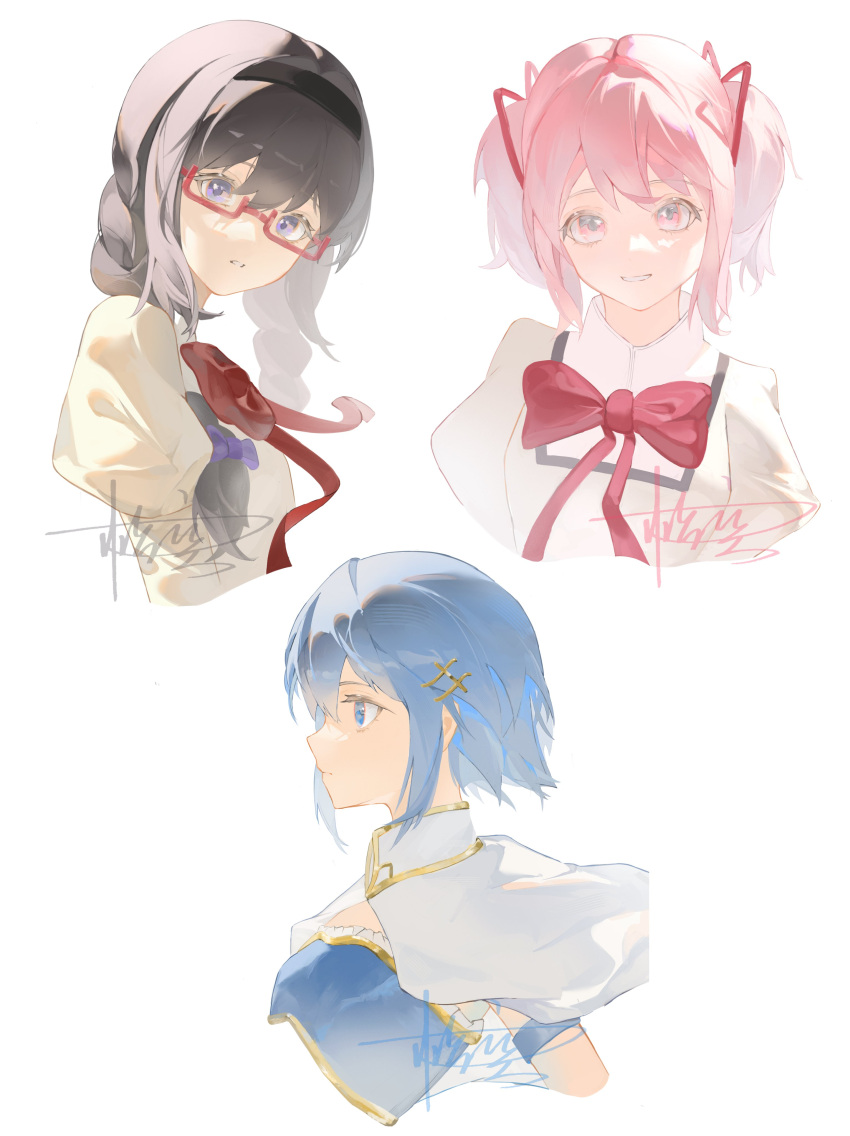 3girls, absurdres, akemi_homura, black_hair, black_hairband, blue_eyes, blue_hair, cape