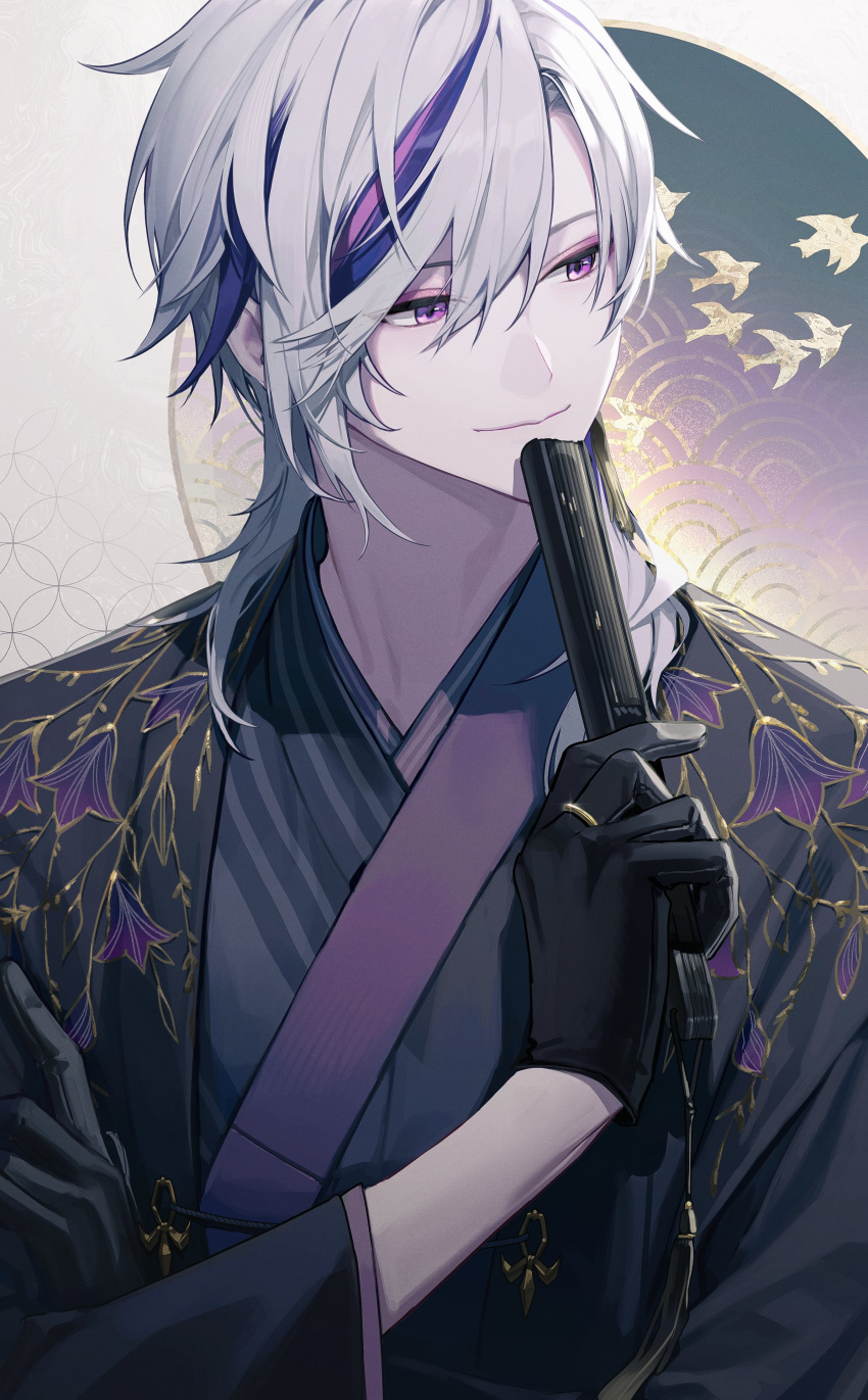 1boy, absurdres, black_gloves, black_kimono, closed_mouth, crossed_arms, folded_fan, folding_fan