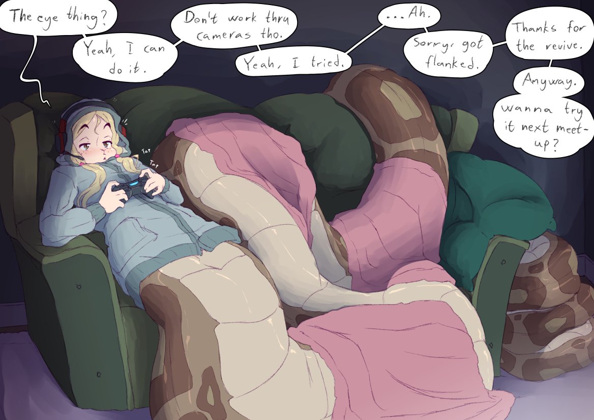 1girl, blanket, blonde_hair, blue_jacket, commentary, controller, couch, danimariondd, english_commentary, english_text, freckles, game_controller, half-closed_eyes, headphones, headphones_over_headwear, headset, holding, holding_controller, holding_game_controller, hood, hood_up, hooded_jacket, indoors, jacket, lamia, low_twintails, monster_girl, original, playing_games, reclining, solo, talking, twintails