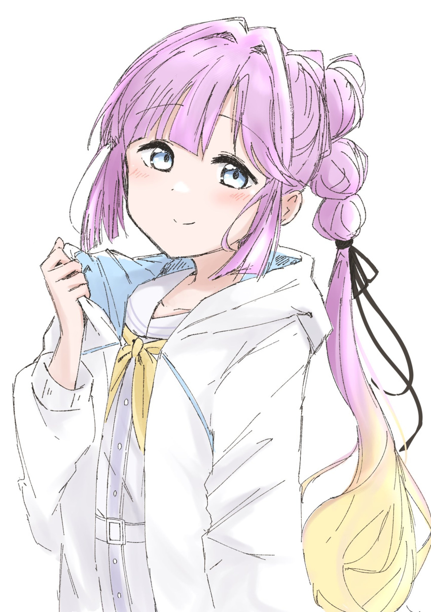 1girl, ahoge, anyoji_hime, black_ribbon, blonde_hair, blue_eyes, blunt_bangs, closed_mouth