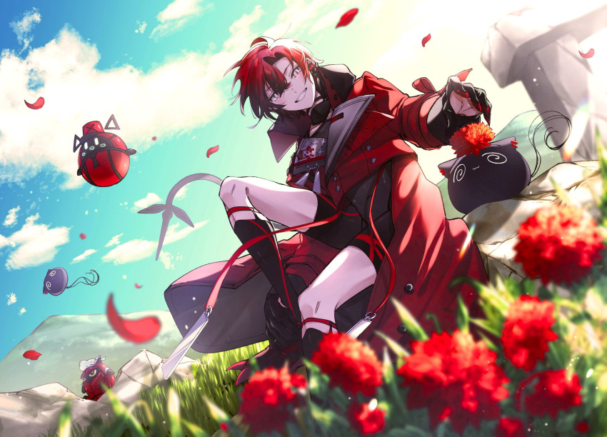 1boy, bishounen, black_bodysuit, black_gloves, bodysuit, coat, falling_petals, flower