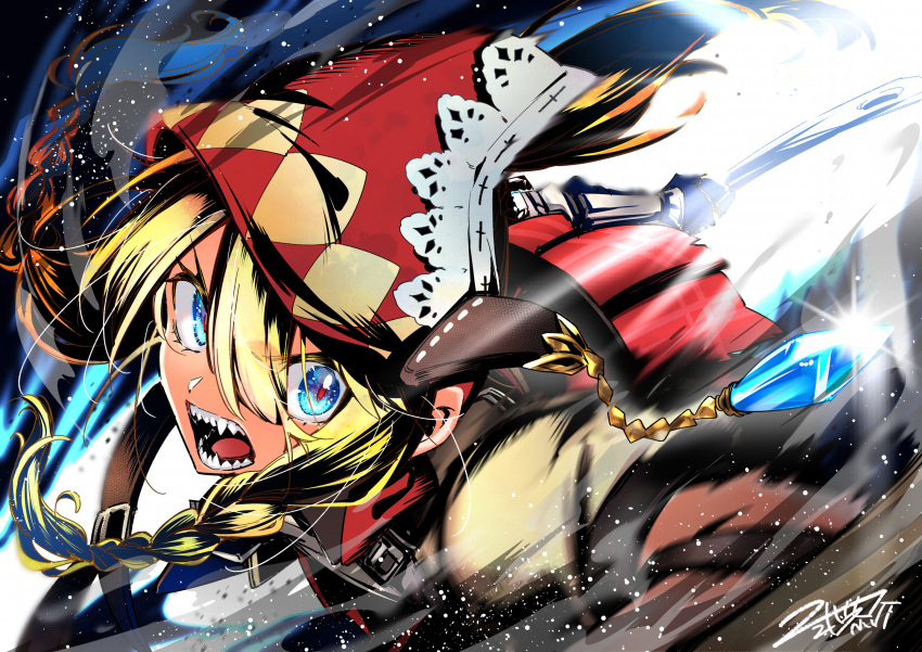 1girl, blonde_hair, braid, brown_shirt, commentary_request, gauntlets, hair_over_shoulder, hat