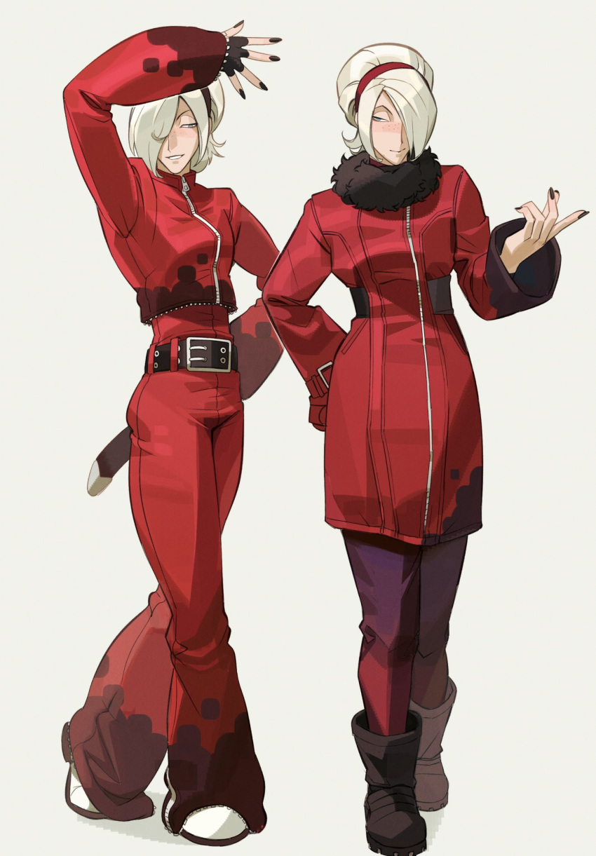 1boy, androgynous, ash_crimson, bell-bottoms, belt, black_nails, blonde_hair, coat, cropped_jacket, fingerless_gloves, freckles, full_body, fur_trim, gloves, hair_over_one_eye, hairband, highres, kaiben-san_tarou, long_sleeves, male_focus, nail_polish, official_alternate_costume, pants, red_pants, simple_background, smile, smirk, the_king_of_fighters, white_background, white_hair, winter_clothes, winter_coat