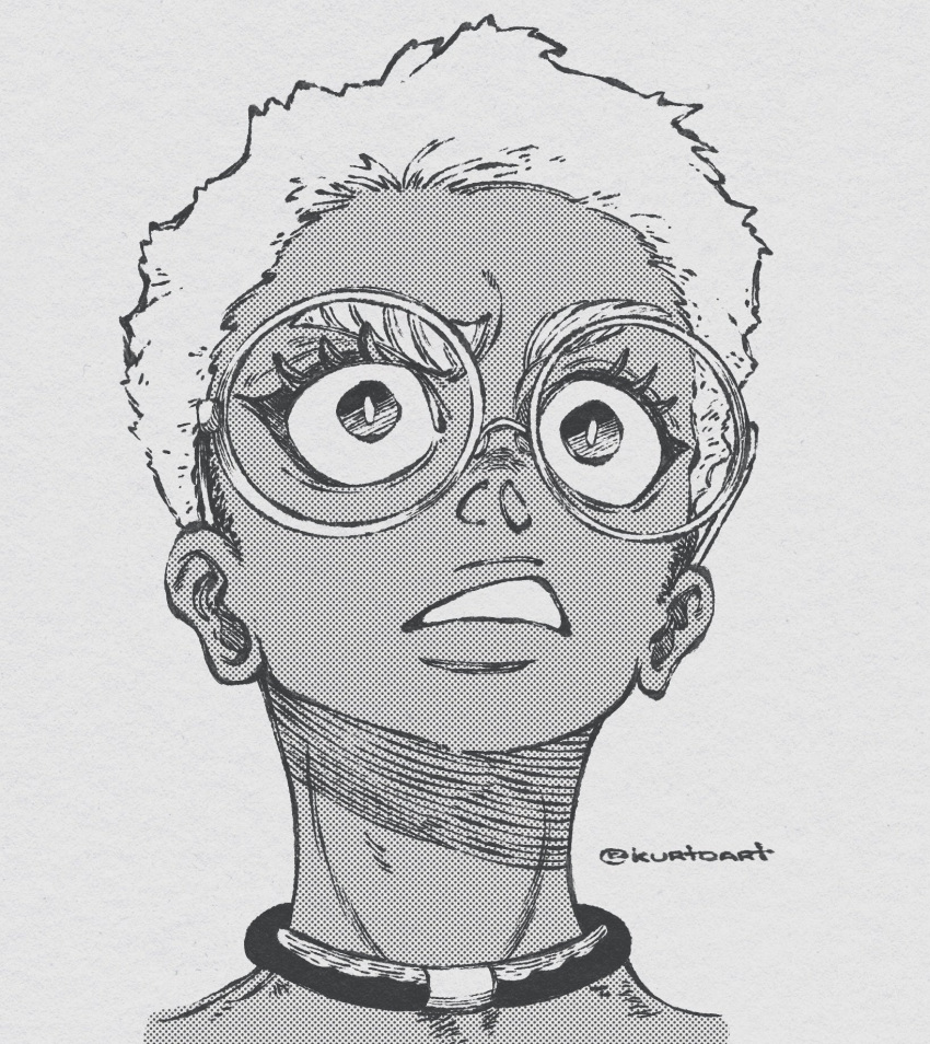 1girl, ben-day_dots, black_eyes, collar, dark-skinned_female, dark_skin, eyelashes, gachiakuta, glasses, grey_background, greyscale, highres, kurrrto, looking_afar, mature_female, monochrome, open_mouth, raised_eyebrow, screentones, semiu_(gachiakuta), short_hair, signature, solo, solo_focus, white_hair