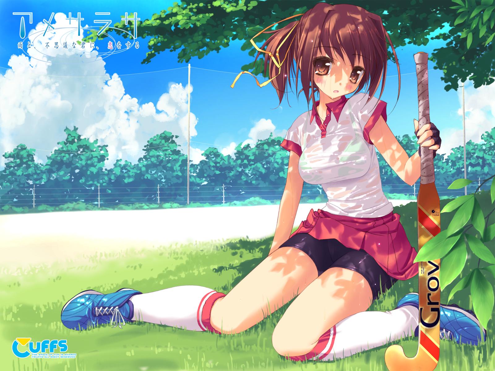 amesarasa, bike_shorts, blush, bra, brown_eyes, brown_hair, cloud, cuffs_design, field_hockey, fingerless_gloves, gloves, grass, gym_uniform, highres, kneehighs, kumihama_mitsuha, lingerie, ponytail, ribbon, see-through, shoes, sitting, sneakers, socks, sport, tsurusaki_takahiro, underwear, wallpaper, wet_clothes