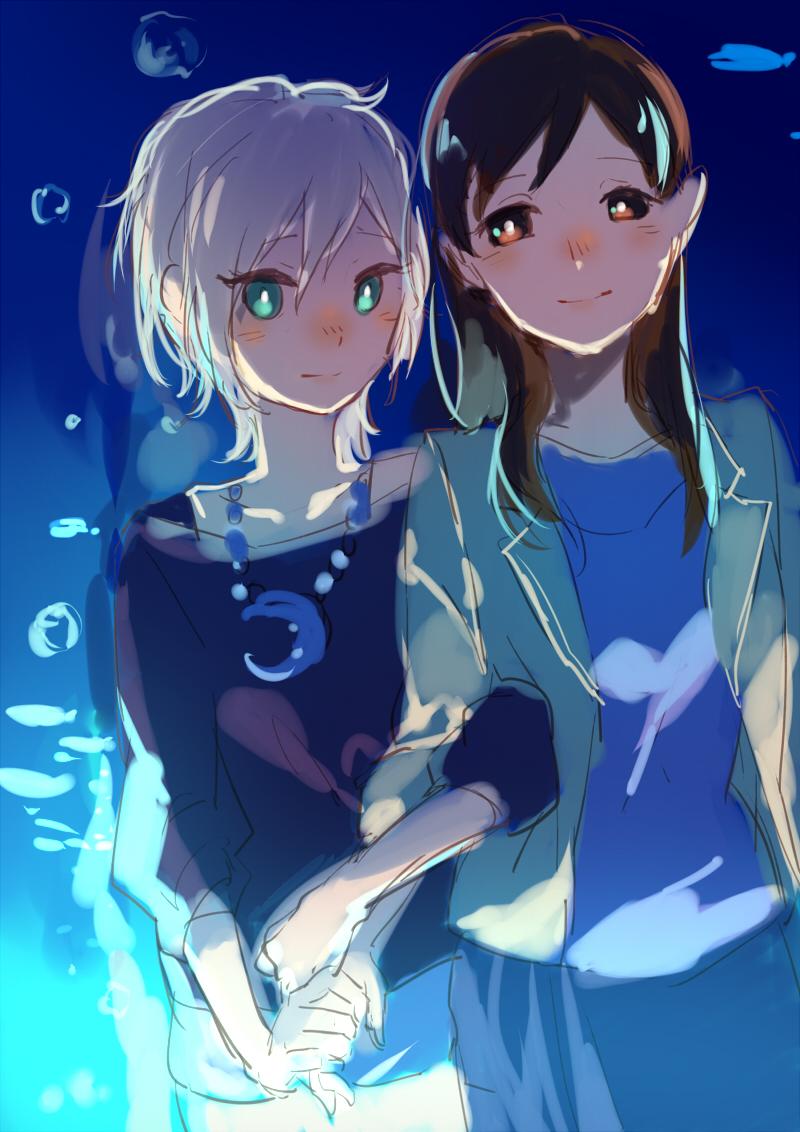 2girls, anastasia_(idolmaster), aquarium, arm_hug, blush, bright_pupils, brown_hair, casual