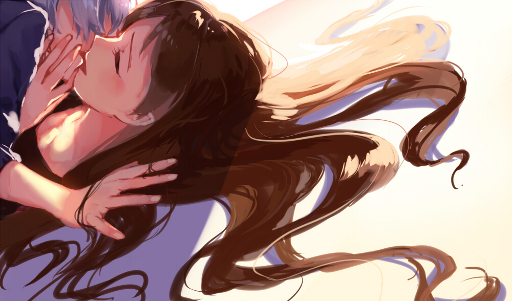 2girls, anastasia_(idolmaster), blush, brown_hair, closed_eyes, collarbone, commentary_request, grey_hair