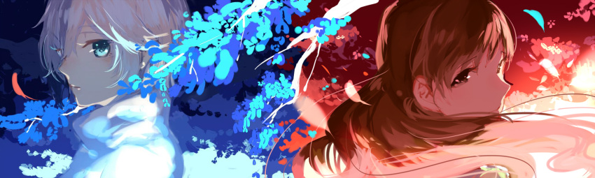 2girls, anastasia_(idolmaster), blush, brown_hair, commentary_request, falling_feathers, feathers, floating_hair