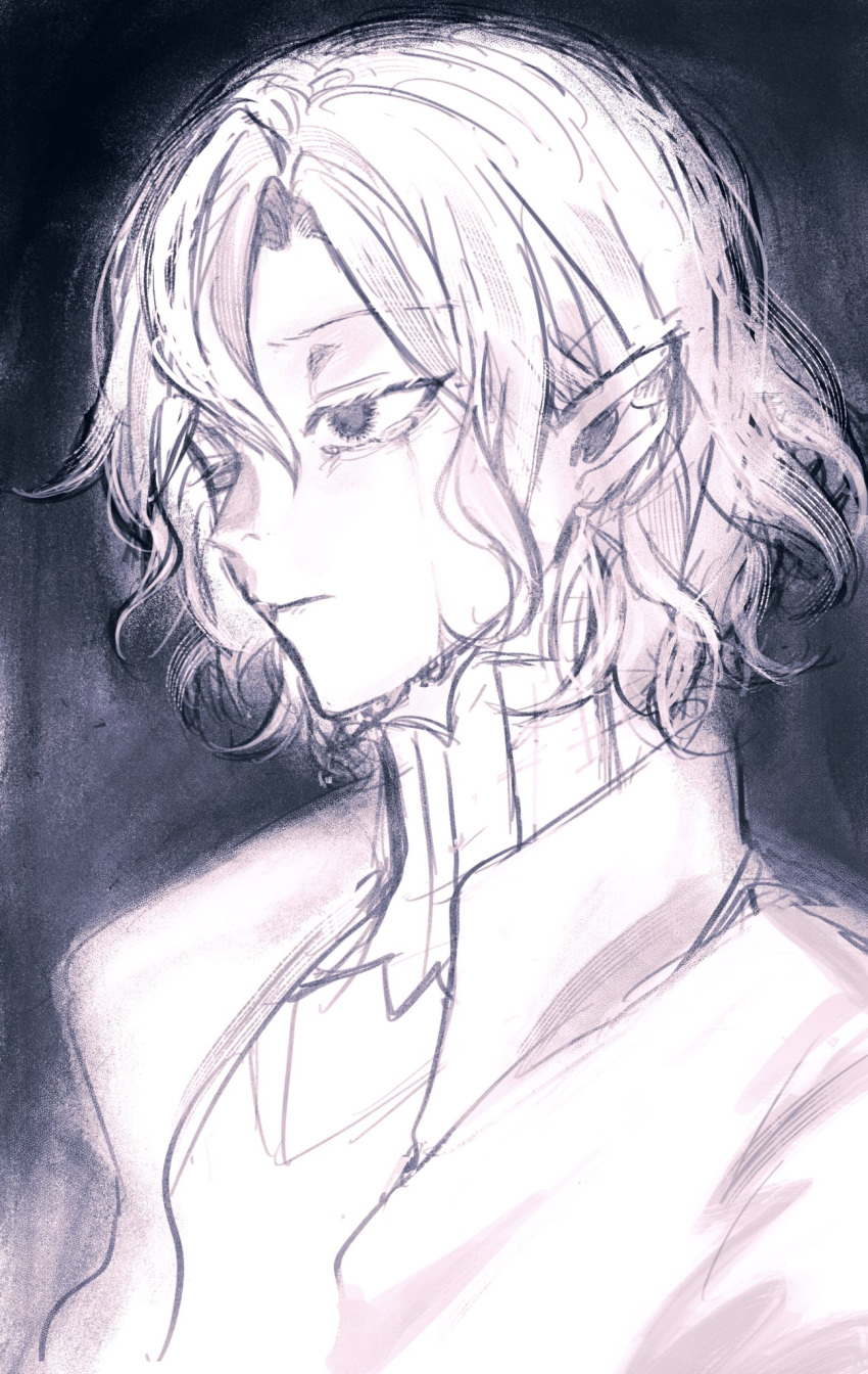 1boy, bags_under_eyes, black_eyes, ci_(scian), crying, dungeon_meshi, elf, gorget