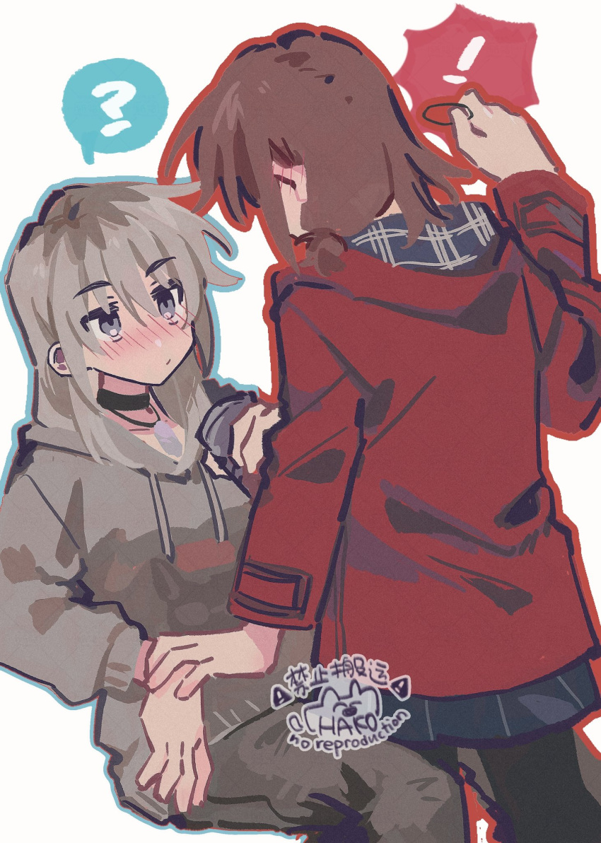 !, 2girls, ?, black_choker, blue_outline, blush, brown_hair, brown_pants
