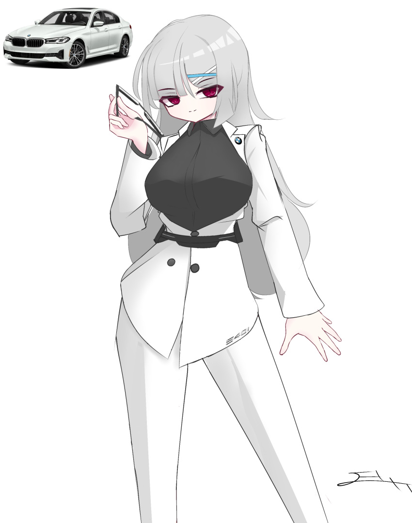 1girl, absurdres, black_shirt, bmw, bmw_5_series, breasts, car, collared_shirt, elll, english_commentary, grey_hair, highres, holding, holding_removed_eyewear, jacket, large_breasts, long_hair, looking_at_viewer, motor_vehicle, open_hand, original, pants, personification, red_eyes, reference_inset, shirt, simple_background, smile, unworn_eyewear, vehicle_and_personification, white_background, white_car, white_jacket, white_pants