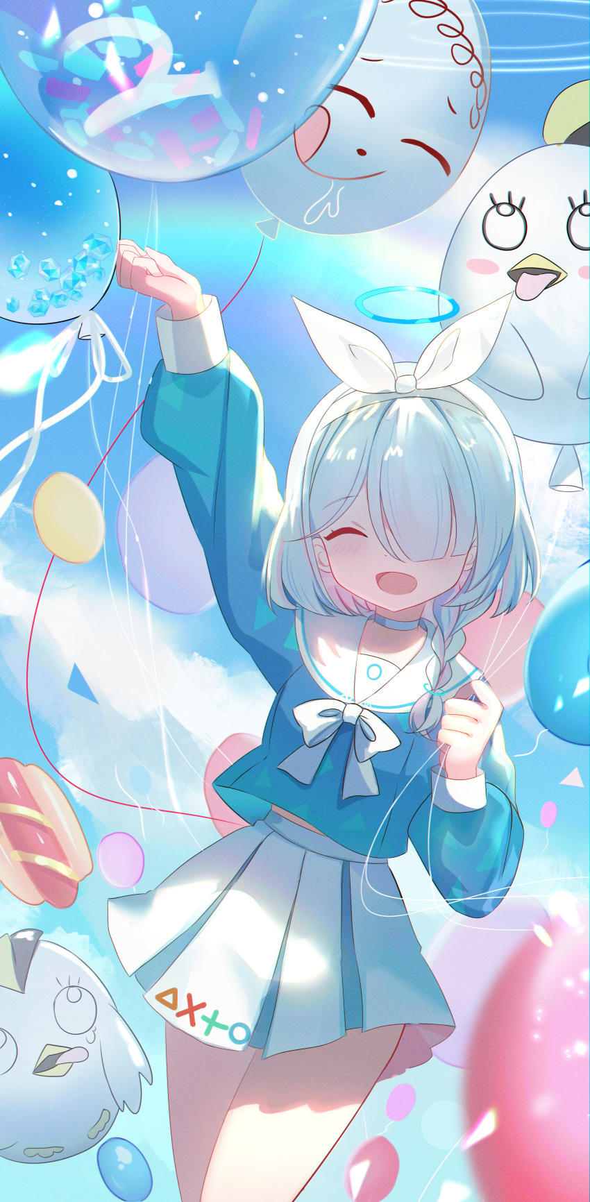 1girl, absurdres, arona_(blue_archive), balloon, blue_archive, blue_hair, braid, choker