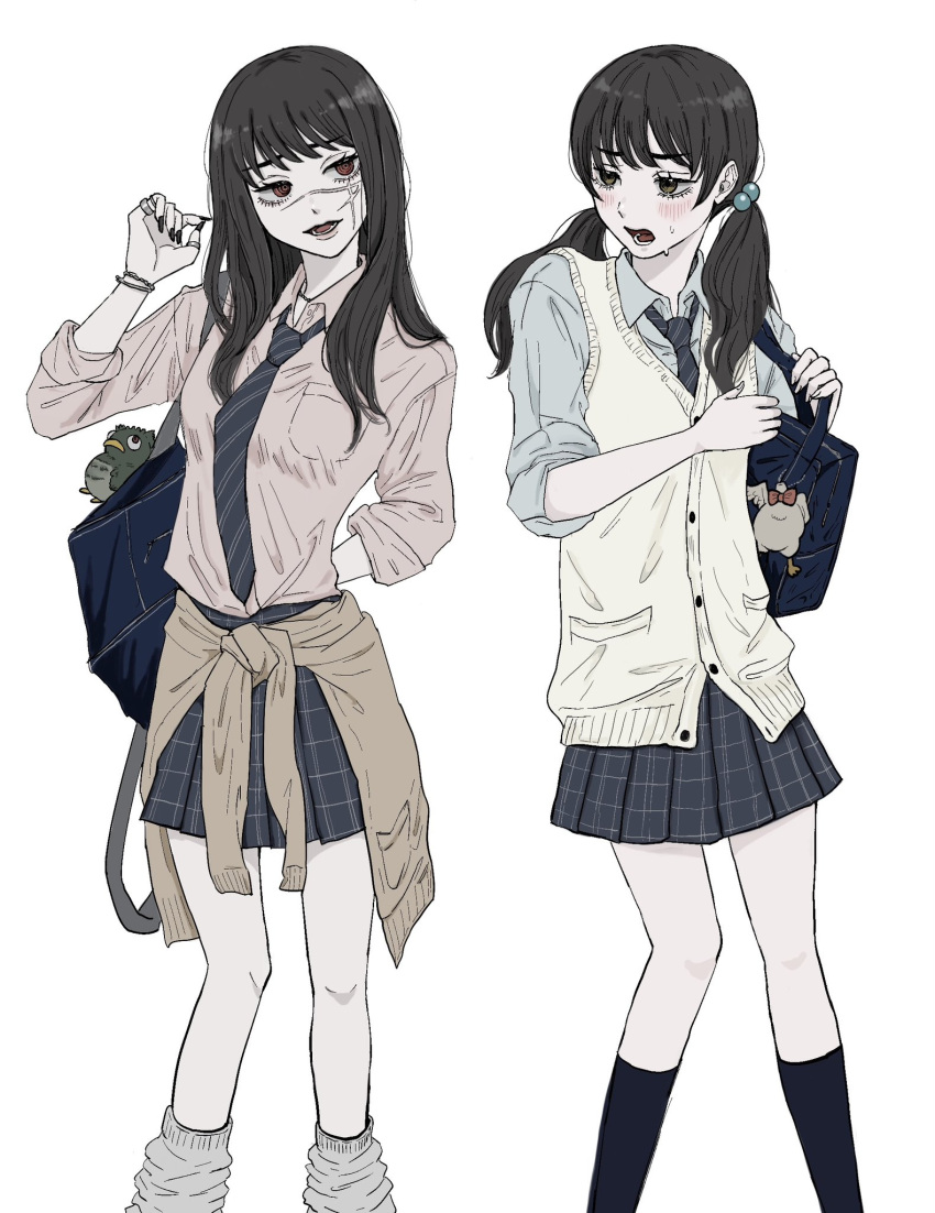 2girls, :d, arm_behind_back, bag, bag_charm, black_hair, black_nails, blue_bag