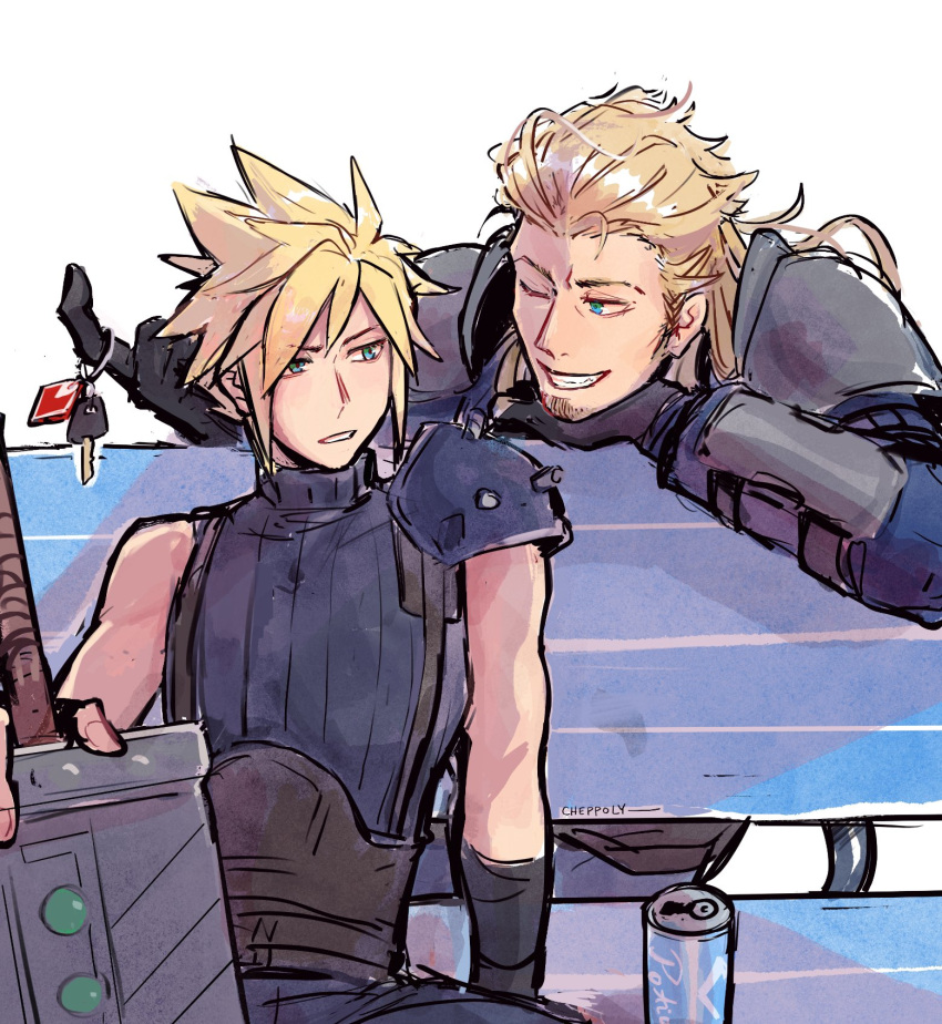 2boys, arm_armor, armor, belt, bench, black_gloves, black_pants, black_sweater
