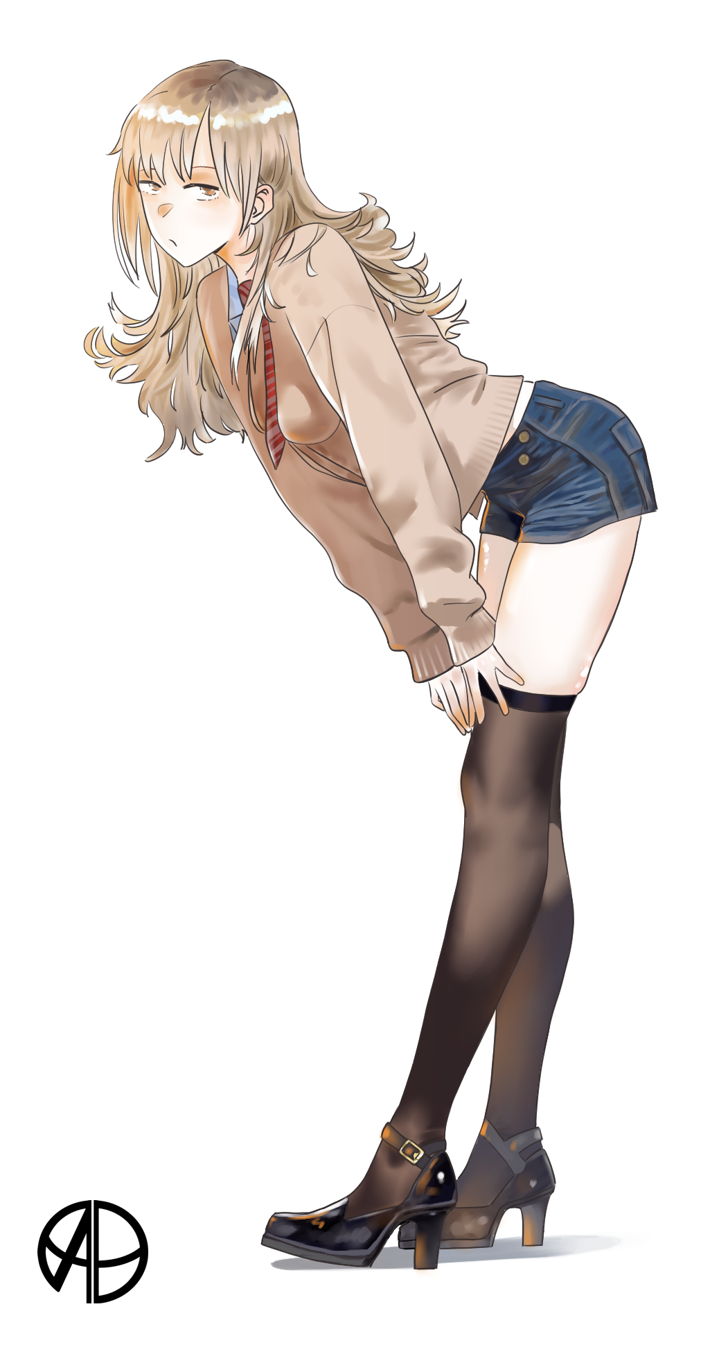1girl, adjusting_clothes, adjusting_legwear, artist_logo, black_footwear, black_thighhighs, blue_shorts, brown_hair