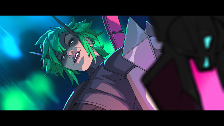 1girl, absurdres, alter_(apex_legends), apex_legends, black_bodysuit, black_sclera, bodysuit, colored_sclera, didier_nguyen, english_commentary, green_hair, highres, letterboxed, looking_down, mechanical_tail, official_art, ponytail, portrait, purple_lips, short_sleeves, solo, tail, white_eyes