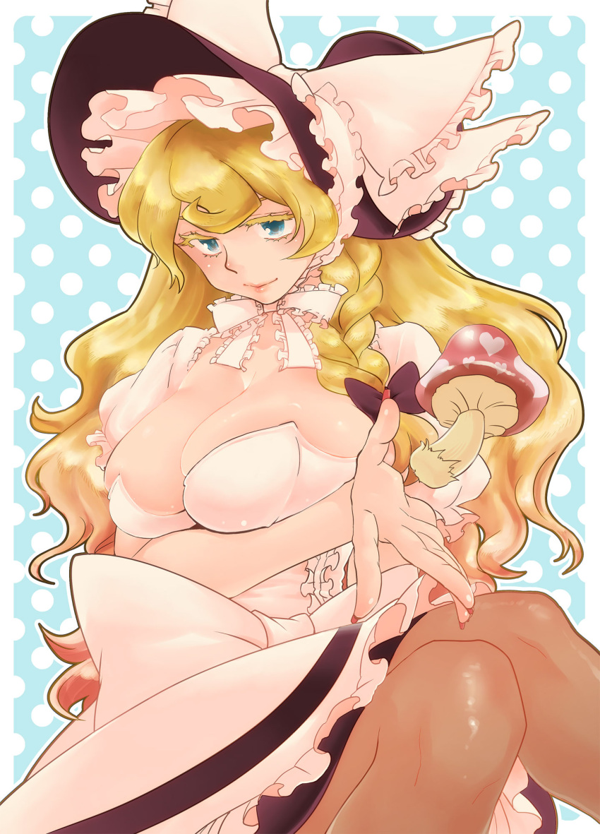 1girl, blonde_hair, blue_eyes, bonnet, braid, breasts, cleavage, colored_eyelashes