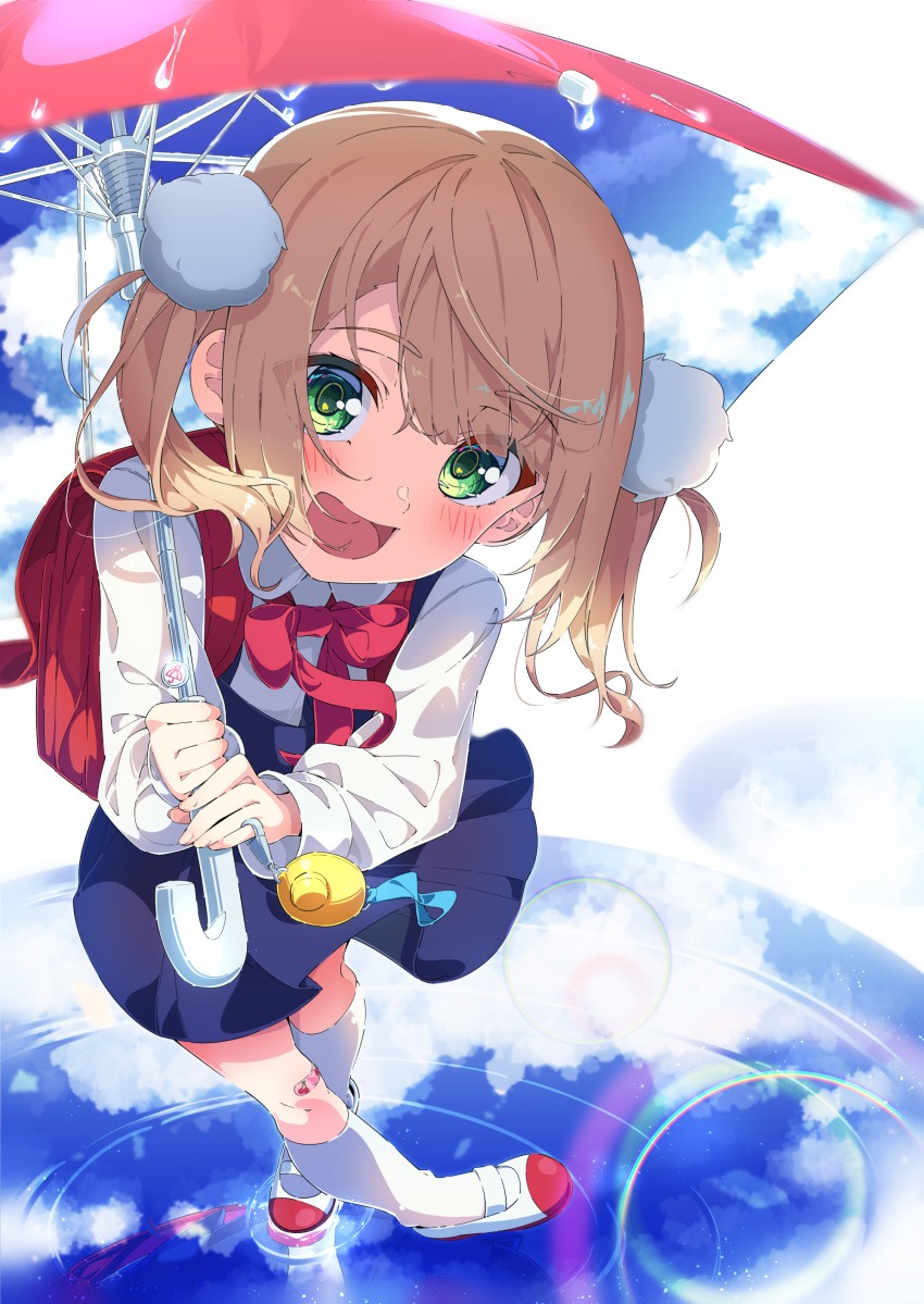 1girl, absurdres, ama_rei, backpack, bag, bandaid, bandaid_on_knee, bandaid_on_leg, blonde_hair, blue_dress, blush, bow, bowtie, crime_prevention_buzzer, dress, full_body, green_eyes, hair_ornament, highres, holding, holding_umbrella, hololive, long_sleeves, looking_at_viewer, open_mouth, pinafore_dress, pleated_dress, pom_pom_(clothes), pom_pom_hair_ornament, print_bed_sheet, randoseru, red_bag, red_bow, shigure_ui_(vtuber), shigure_ui_(vtuber)_(young), shirt, sleeveless, sleeveless_dress, smile, solo, twintails, umbrella, virtual_youtuber, white_shirt