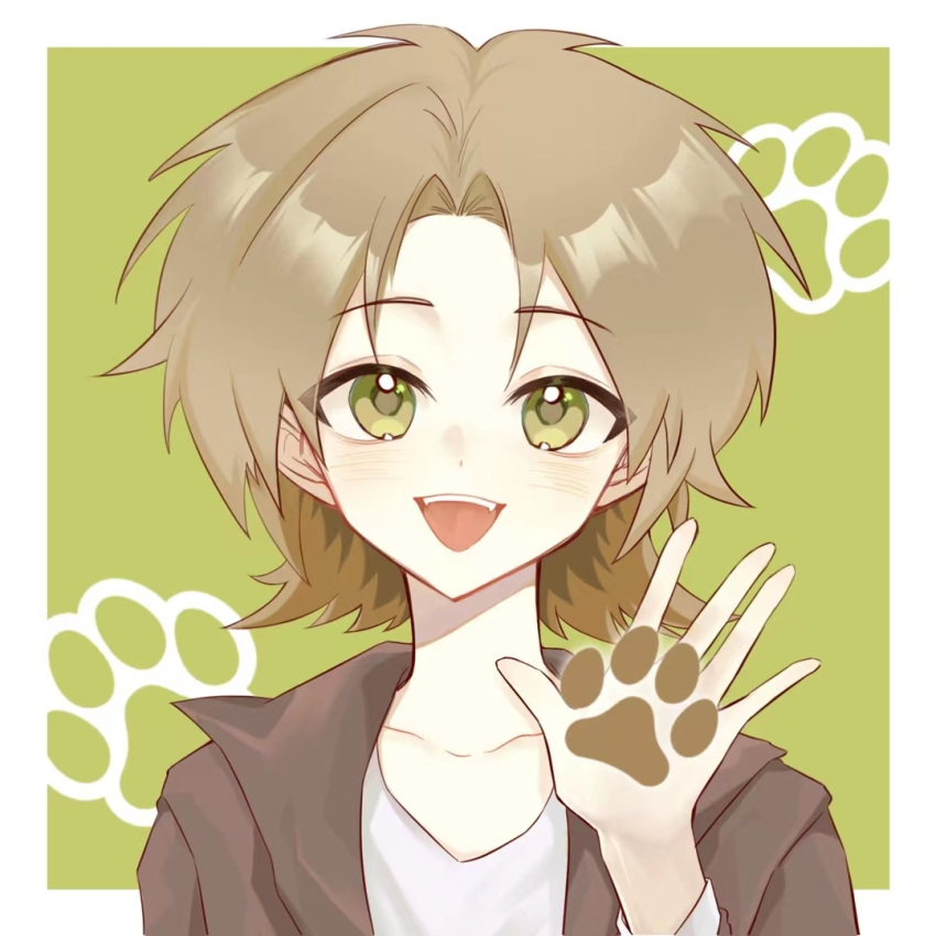 1boy, brown_jacket, chinese_commentary, commentary_request, fangs, green_eyes, hand_up, jacket