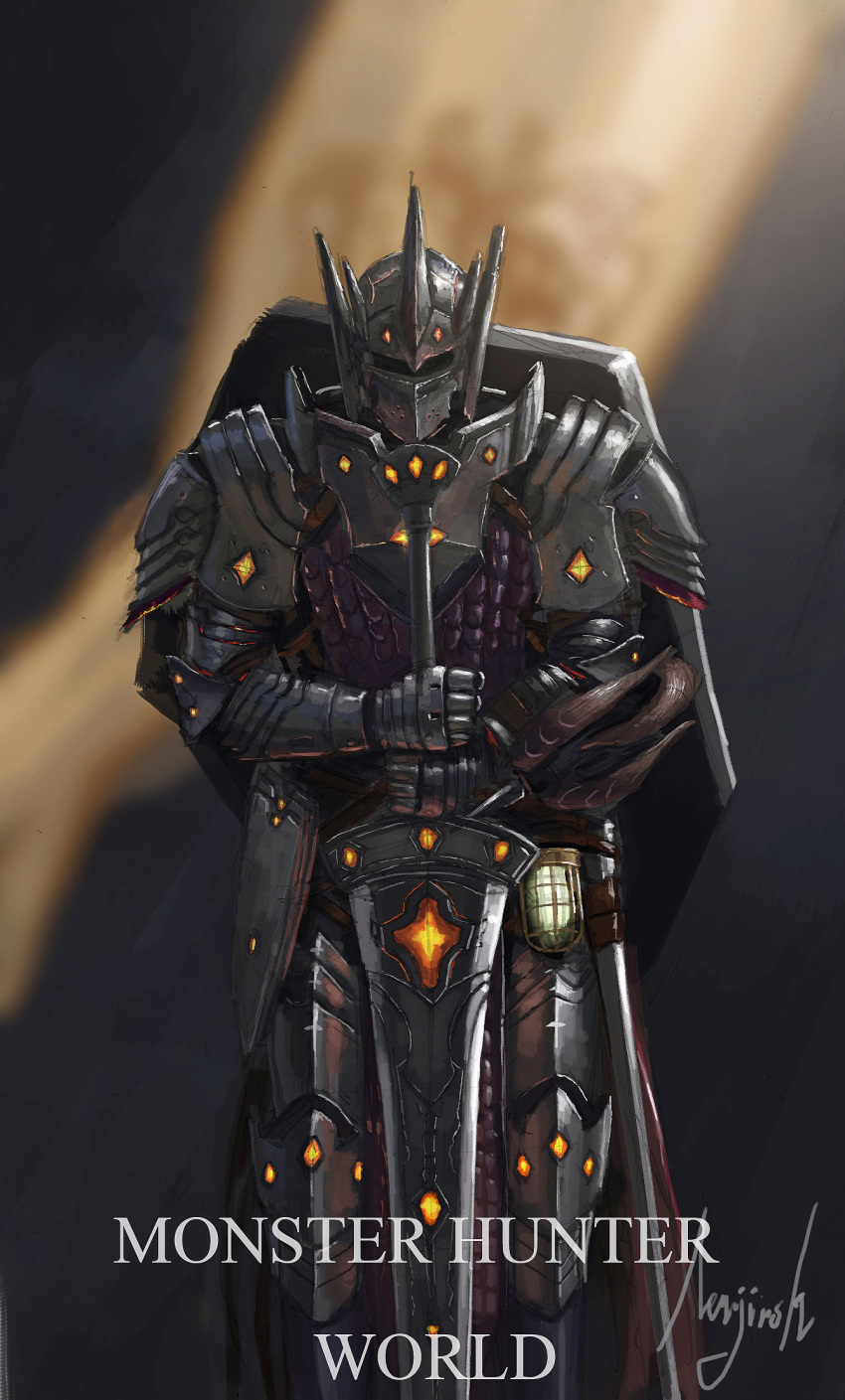 1boy, armor, artist_name, blurry, blurry_background, breastplate, charge_blade, copyright_name