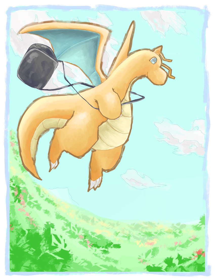animal_focus, bag, blue_border, blue_eyes, blue_sky, boku_(pixiv_32390460), border, claws, closed_mouth, clouds, commentary, day, dragon, dragonite, fisheye, floating, grass, happy, highres, no_humans, outdoors, pokemon, pokemon:_the_first_movie_-_mewtwo_strikes_back, pokemon_(anime), pokemon_(classic_anime), pokemon_(creature), profile, shoulder_bag, sky, smile, solo, white_border