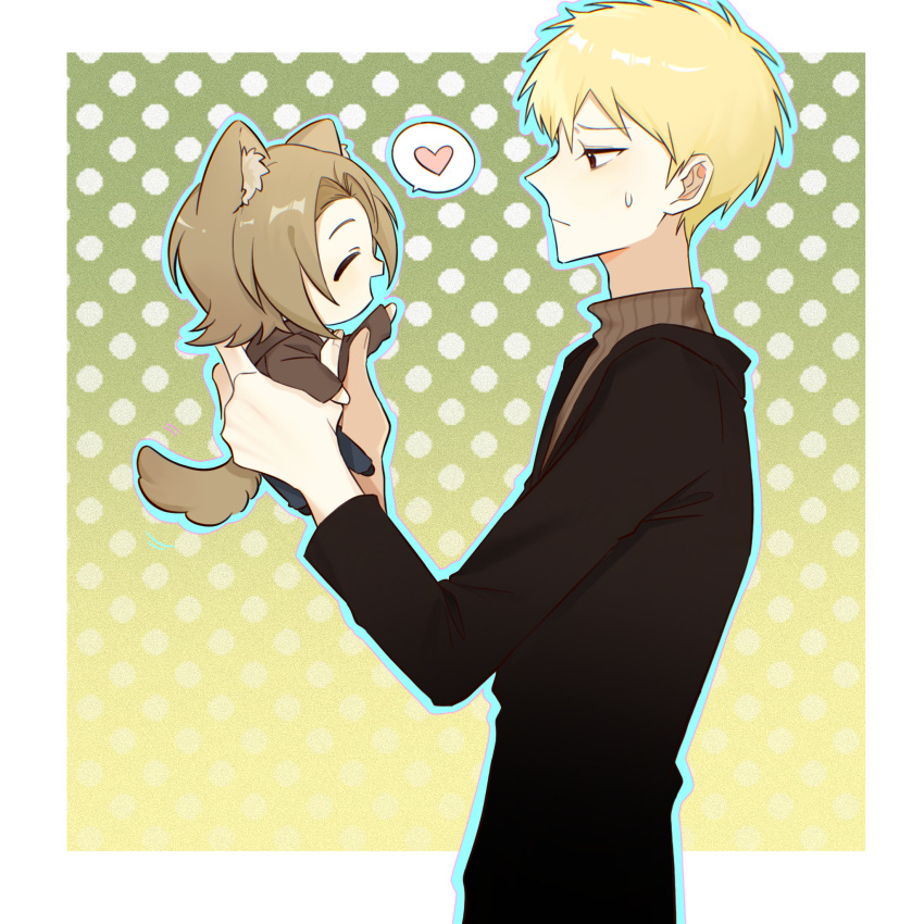 2boys, animal_ear_fluff, animal_ears, atou_haruki, black_jacket, black_pants, blonde_hair, blue_outline