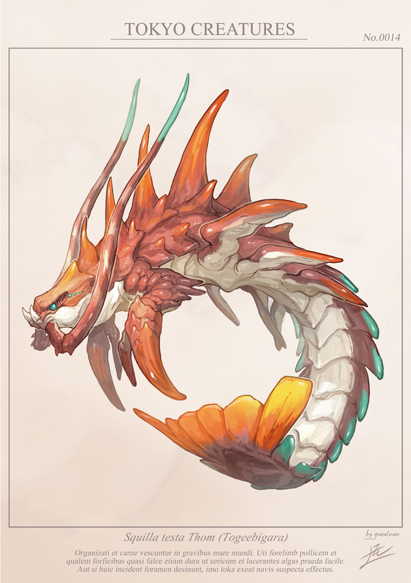animal_focus, blue_eyes, from_side, full_body, inset_border, latin_text, monster, no_humans