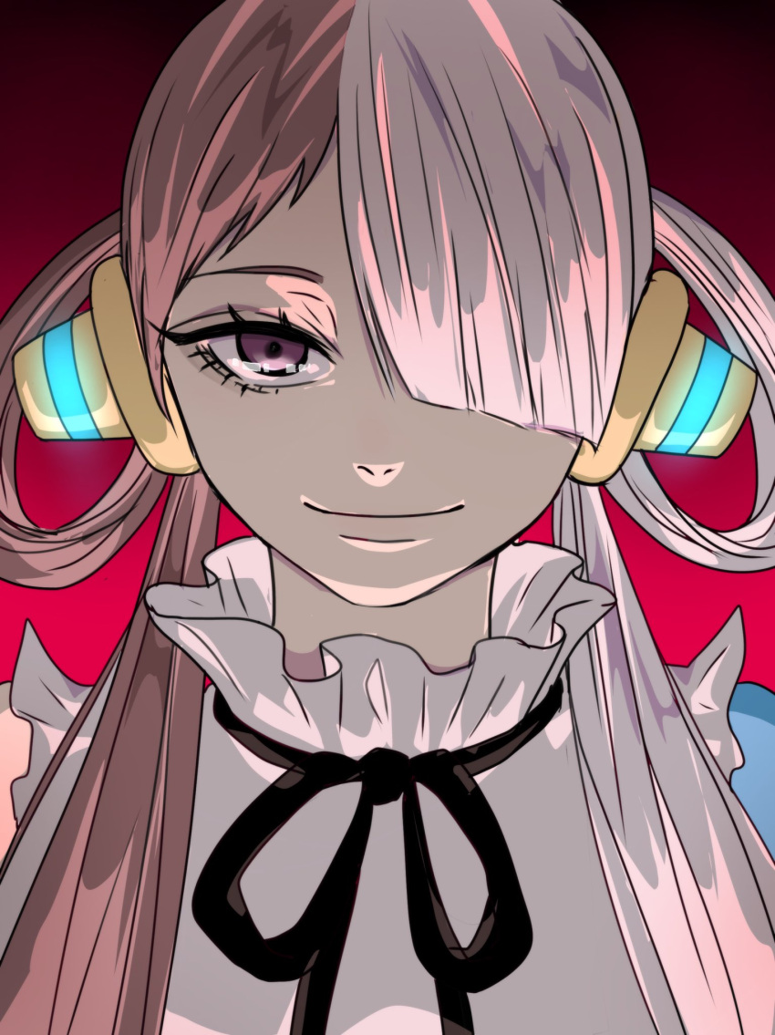 1girl, black_background, black_ribbon, chiyo_(@ch_falgar), close-up, commentary_request, dress, evil_smile, gradient_background, hair_over_one_eye, headphones, highres, looking_at_viewer, multicolored_hair, neck_ribbon, one_piece, red_background, redhead, ribbon, smile, solo, twintails, two-tone_hair, upper_body, uta_(one_piece), white_dress, white_hair