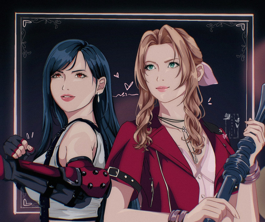 2girls, aerith_gainsborough, bangle, bare_shoulders, black_bra, black_gloves, black_hair, bra