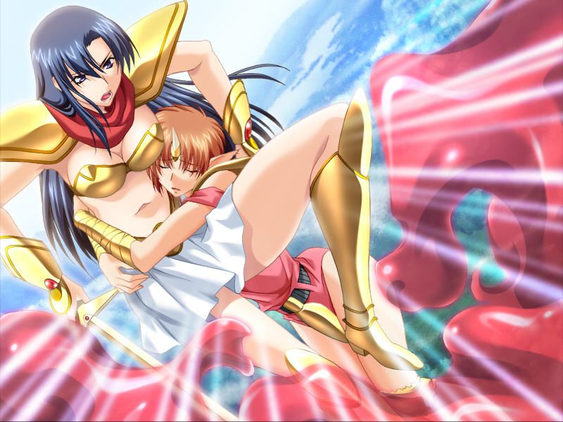 armor, asou_yuuko, bikini_armor, bracer, cham_(valis), hug, incoming_attack, kawai_masaki