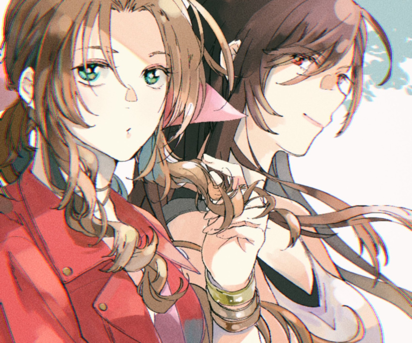 2girls, aerith_gainsborough, bangle, bare_shoulders, black_bra, bombyxmori_ckr, bra, bracelet