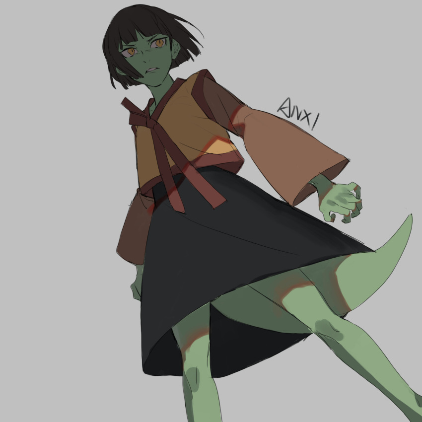 1girl, anak_zahard, black_skirt, blunt_bangs, blunt_ends, brown_hair, clenched_hand, colored_skin