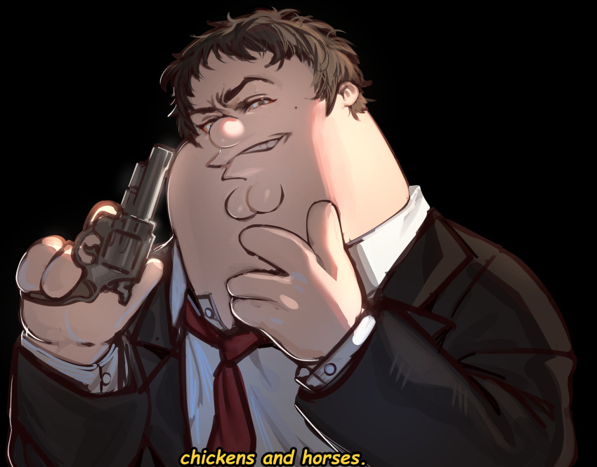 1boy, adachi_tooru, adachi_tooru_(cosplay), black_background, black_jacket, brown_eyes, brown_hair, cleft_chin, collared_shirt, cosplay, english_text, family_guy, fat, fat_man, gun, handgun, highres, holding, holding_gun, holding_weapon, jacket, kowai_(iamkowai), looking_at_viewer, male_focus, necktie, persona, persona_4, peter_griffin, red_necktie, revolver, shirt, short_hair, simple_background, smirk, solo, subtitled, suit_jacket, very_short_hair, weapon, white_shirt