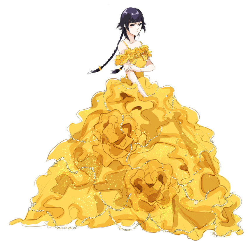 1girl, bare_shoulders, black_eyes, black_hair, bleach, blunt_bangs, blush, braid, braised_goose, closed_mouth, collarbone, dress, frilled_dress, frills, full_body, gown, hand_on_own_arm, highres, long_hair, looking_at_viewer, low_twintails, solo, sui-feng, twin_braids, twintails, white_background, yellow_dress